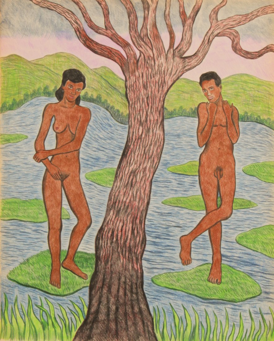 Andre Laurent (Haitian, 20th c.): Andre Laurent (Haitian, 20th c.)Adam and Eve, dated 1978Watercolor on paper, framed, 23" x 18"Jonathan Demme Collection