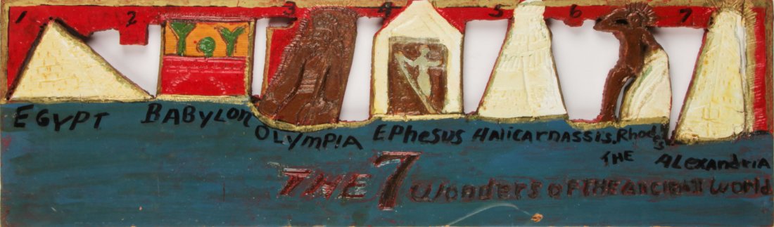 Josephus Farmer (American/Tennessee 1894-1989): Josephus Farmer (American/Tennessee 1894-1989) The 7 Wonders of the Ancient World - Egypt, Babylon, Olympia, Ephesus, Halicarnassis, Rhodes, Alexandria Carved and painted wood, 11" x 37" Jonathan Demm