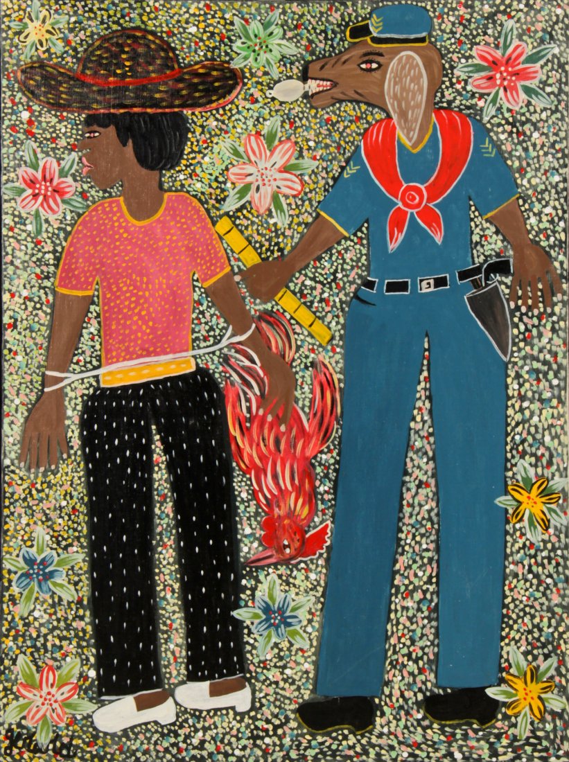 Gerard (Fortune) (Haitian/Petionville, b. 1933): Gerard (Fortune) (Haitian/Petionville, b. 1933) Ton-Ton Macoute Arrests Citizen Carrying Symbol of the People c. 1980's, oil on canvas, framed, 37" x 27" Jonathan Demme Collection