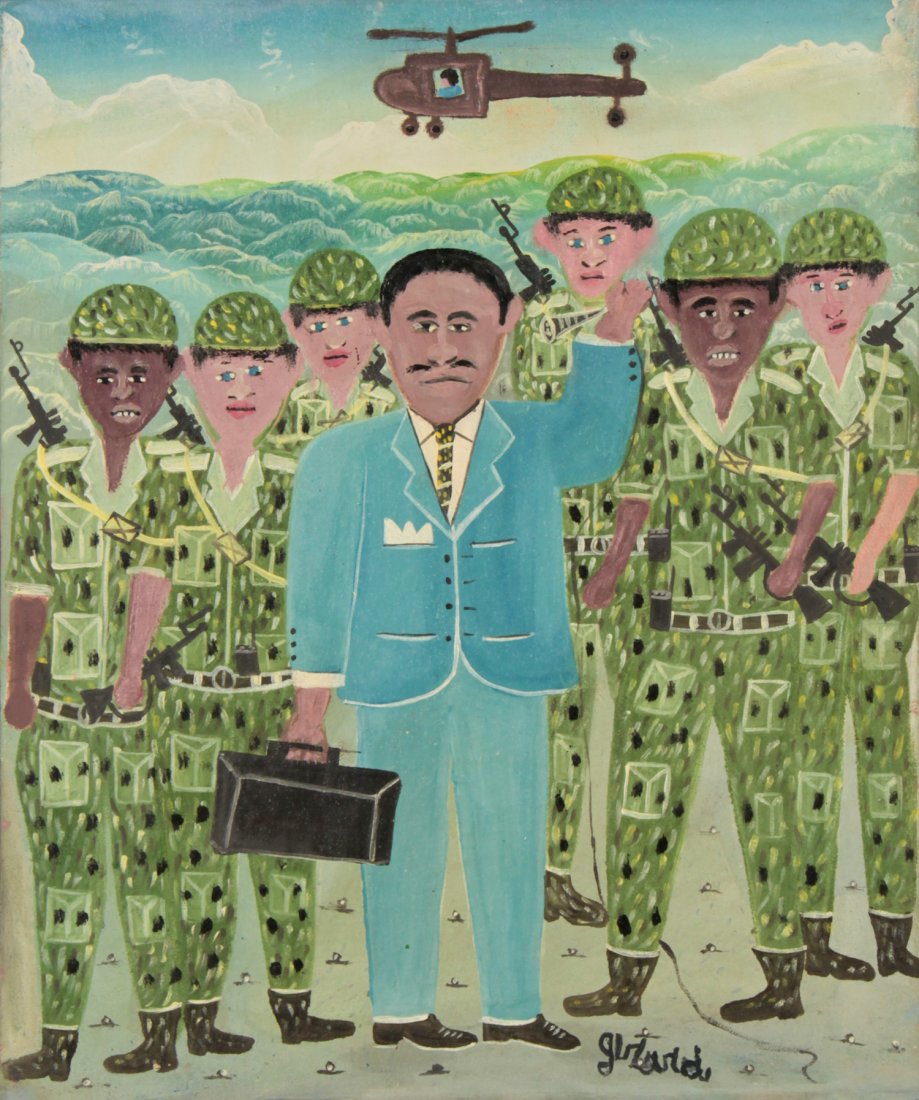 Gerard (Fortune) (Haitian/Petionville, b. 1933): Gerard (Fortune) (Haitian/Petionville, b. 1933) Aristide Returned Home/Delivered Home by U.S. Military, 1994 Oil on canvas, framed, 24" x 20" Jonathan Demme Collection