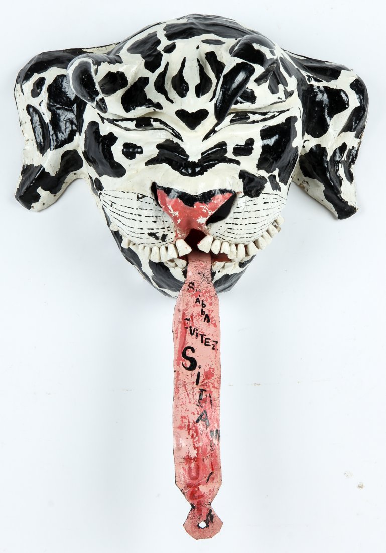 Carnaval Mask (Haitian/Jacmel, 20th c.): Carnaval Mask (Haitian/Jacmel, 20th c.)Evitez SIDA (Stop AIDS), Papier macheMixed Media, cows' teeth, leather, 13.5" x 18.5" Jonathan Demme Collection