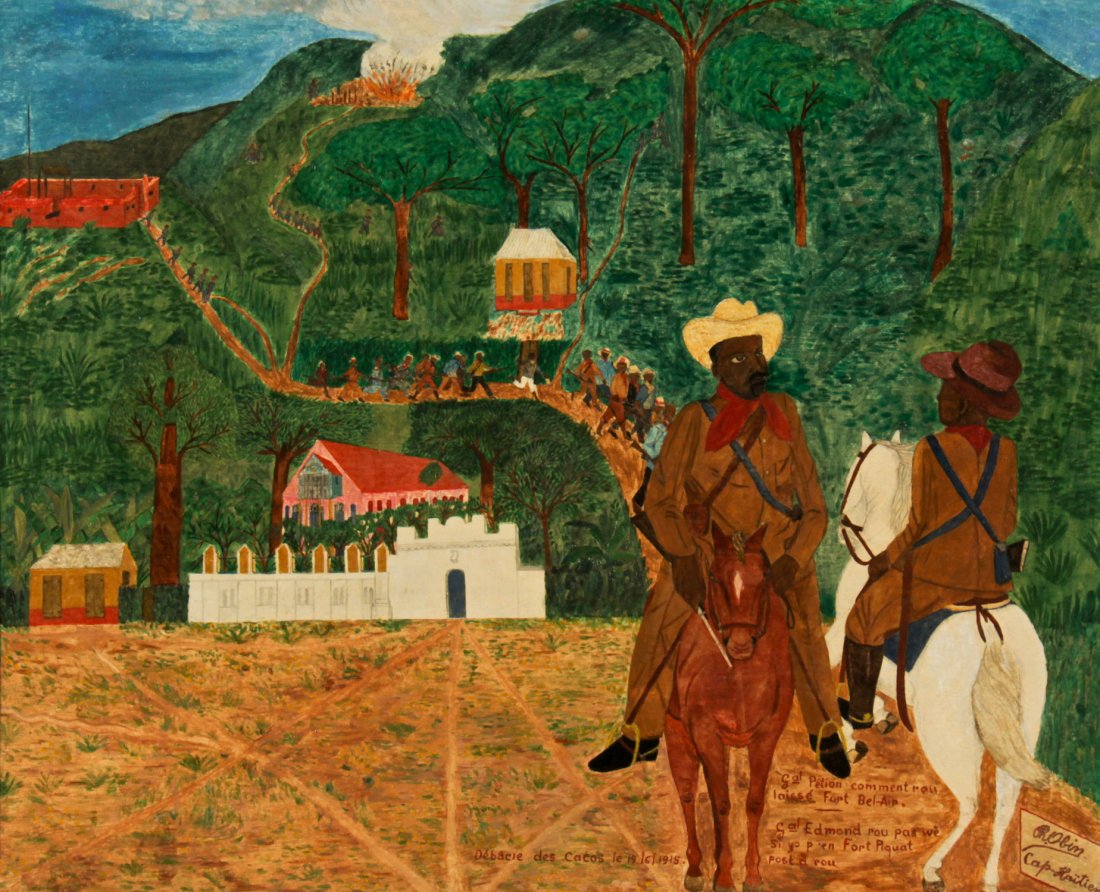 Philome Obin (Haitian/Cap-Haitien, 1892-1986): Philome Obin (Haitian/Cap-Haitien, 1892-1986)Debacle des Cacos le 1/6/1915 (A Disaster for the Caco Guerillas on 19 June, 1915), c. 1947Oil on cardboard, framed, 20" x 24"ProvenanceGloria Frank d'Hait