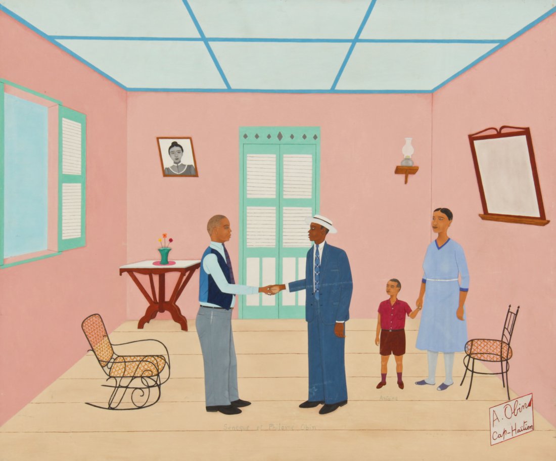 Antoine Obin (Haitian/Cap-Haitien, 1929-1991): Antoine Obin (Haitian/Cap-Haitien, 1929-1991)Seneque et Philome Obin, c. early 1970'sOil on masonite, framed, 20" x 24"Jonathan Demme Collection