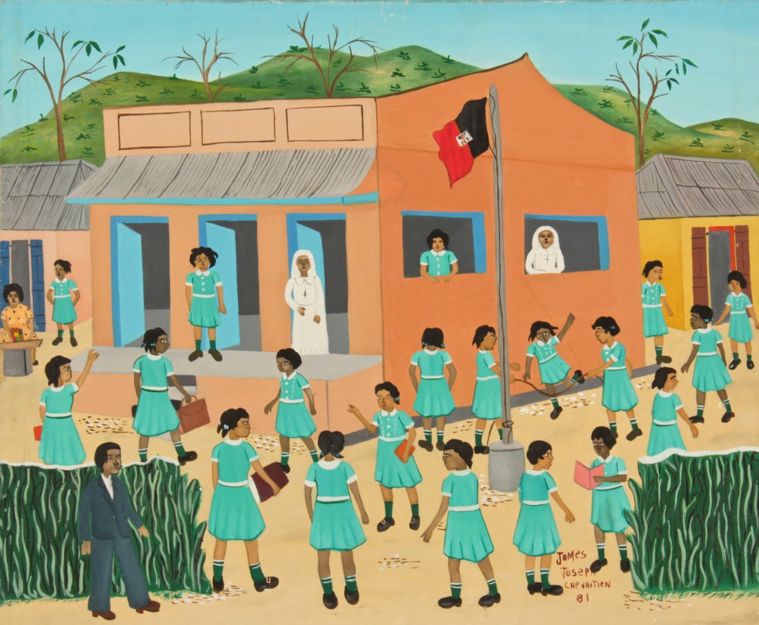James Joseph (Haitian, 20th c.): James Joseph (Haitian, 20th c.)Cap-Haitien Catholic School Scene, dated 1981Oil on canvas, framed, 20" x 23.75"Jonathan Demme Collection