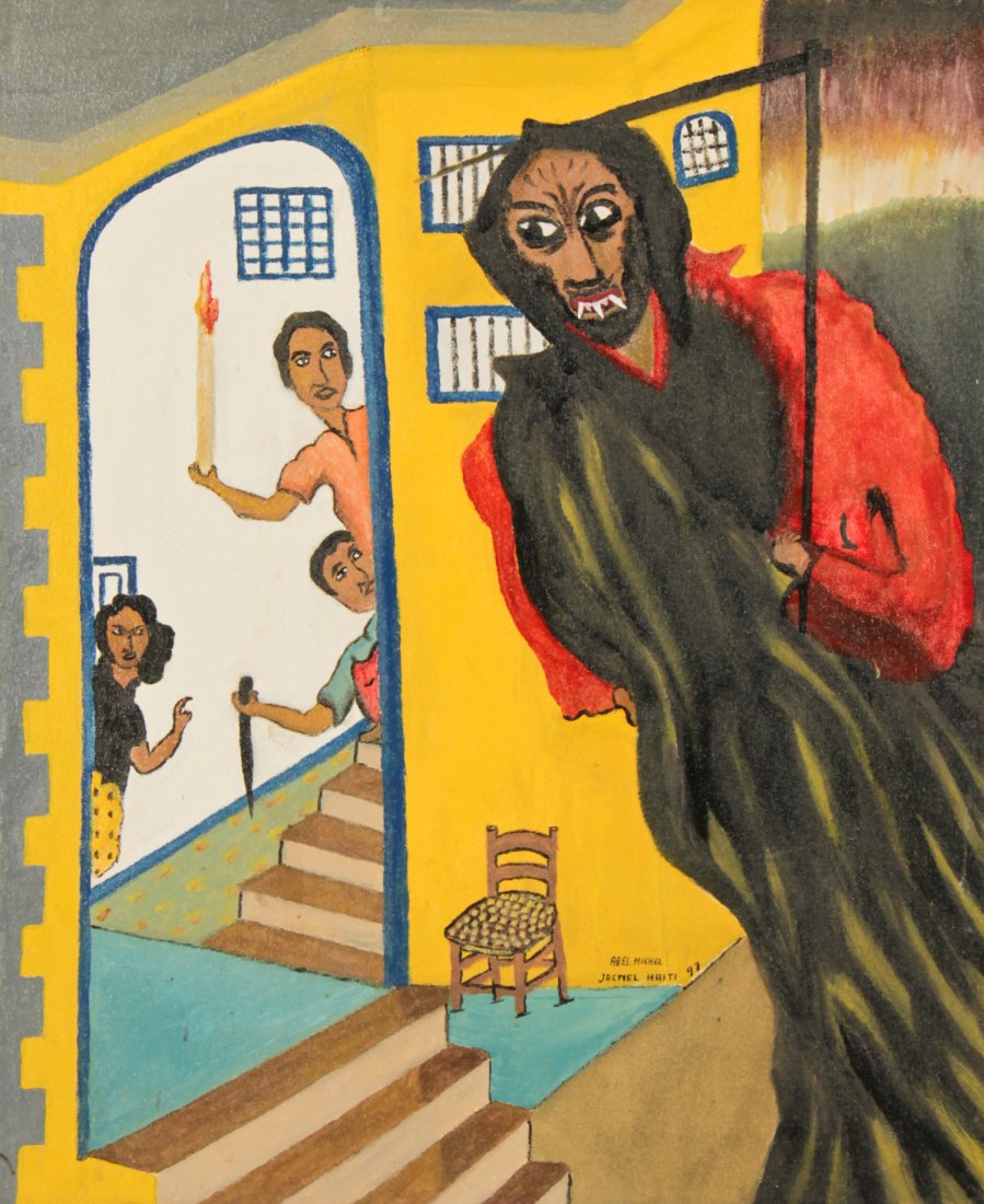 Abel Michel (Haitian,/Jacmel 20th c.): Abel Michel (Haitian,/Jacmel 20th c.) Repelling Bad Spirits of the Night, dated 1997 Oil on canvas, framed, 22" x 18" Provenance Dr. Robert Brictson, Jacmel, 1997 Jonathan Demme Collection
