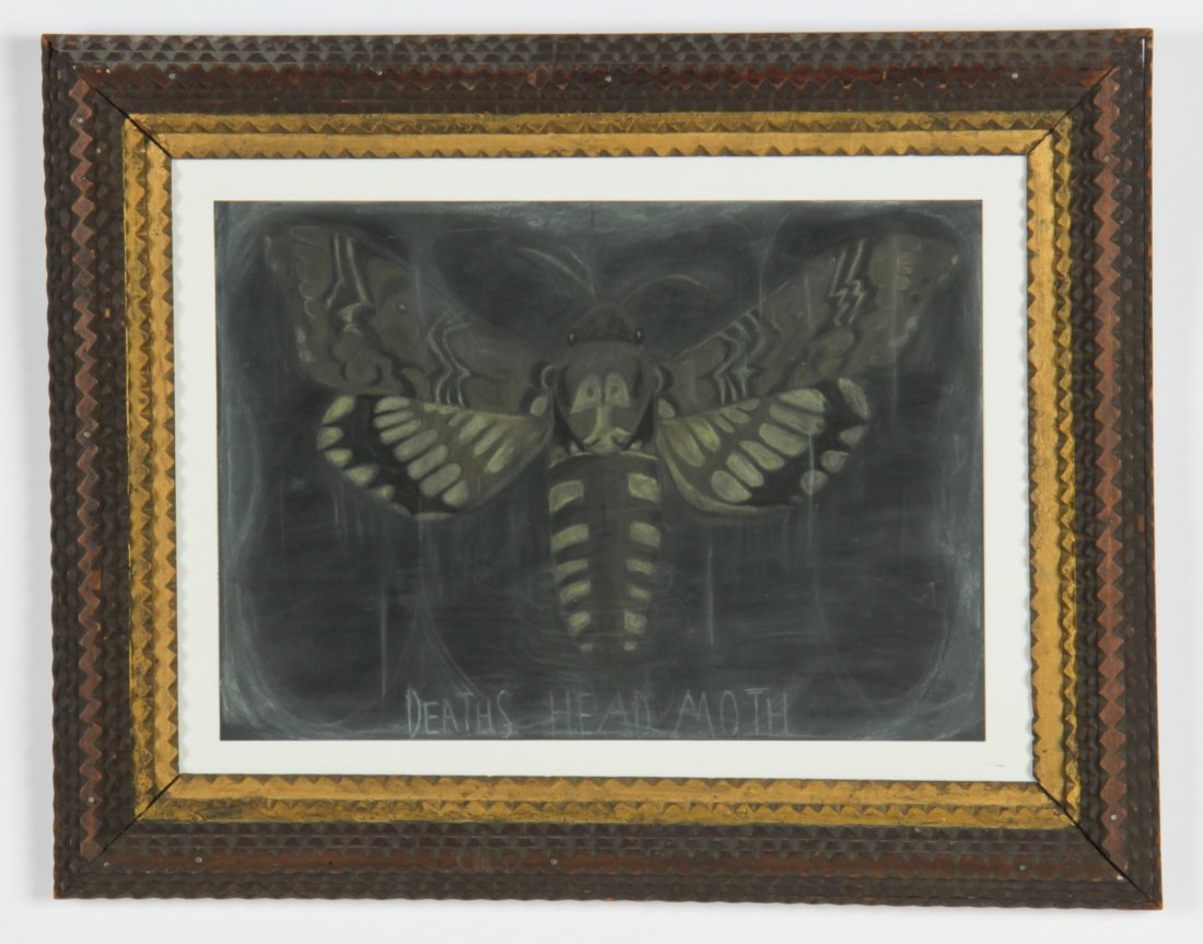 Dean Brown (American, 20th c.): Dean Brown (American, 20th c.) Deaths Head Moth, charcoal on paper, framed, 11.5" x 16.5" Drawing in Vintage Tramp Art Frame Jonathan Demme Collection