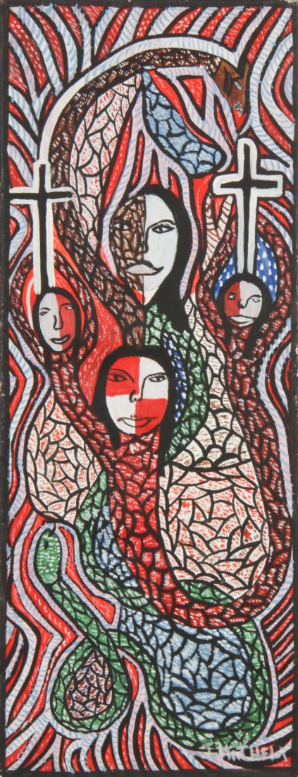 T. Mathley (Haitian, 20th c.): T. Mathley (Haitian, 20th c.)Loas with Crosses, c. 1990Oil on canvas, framed, 30" x 12"Jonathan Demme Collection