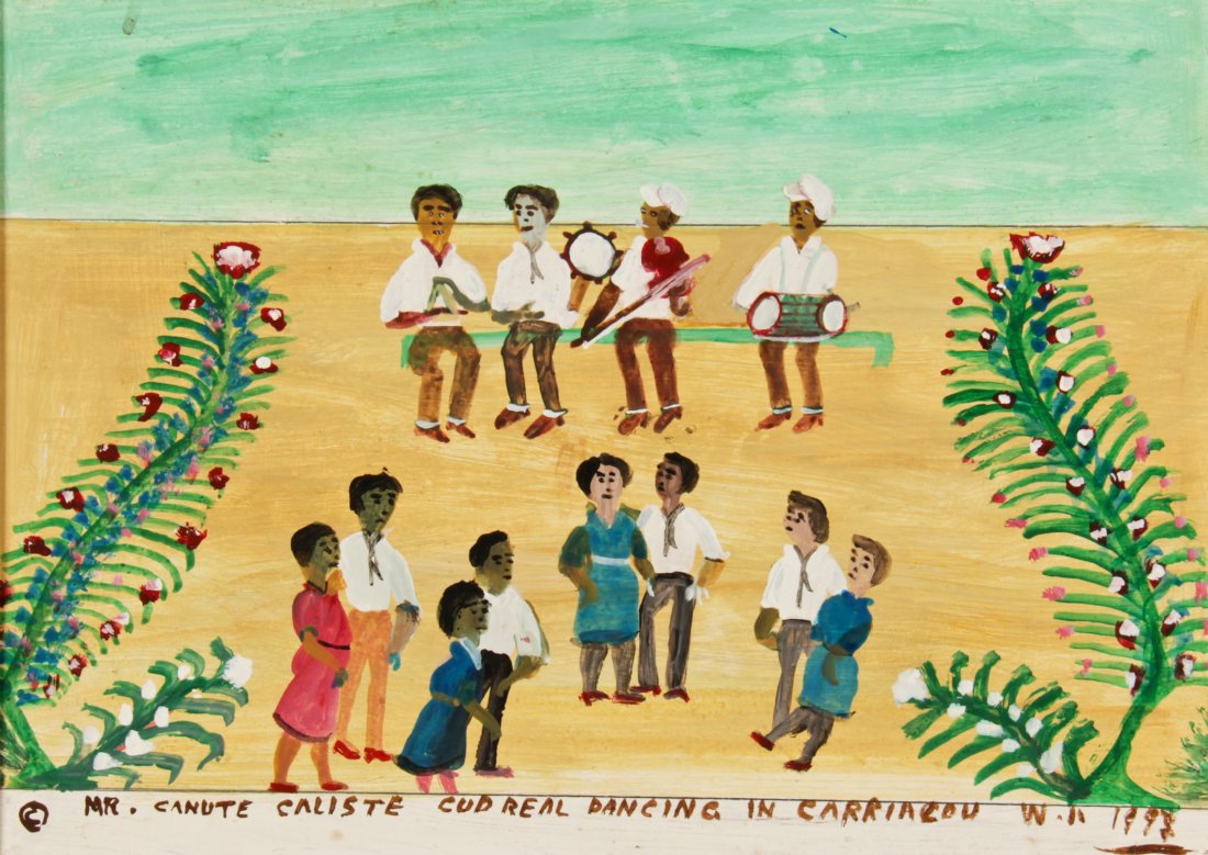 Mr. Canute Caliste (Grenada/Carriacou, 1914-2005): Mr. Canute Caliste (Grenada/Carriacou, 1914-2005) Cudreal Dancing in Carriacou W.I., dated 1997 Oil on masonite, framed, 11" x 15" Jonathan Demme Collection