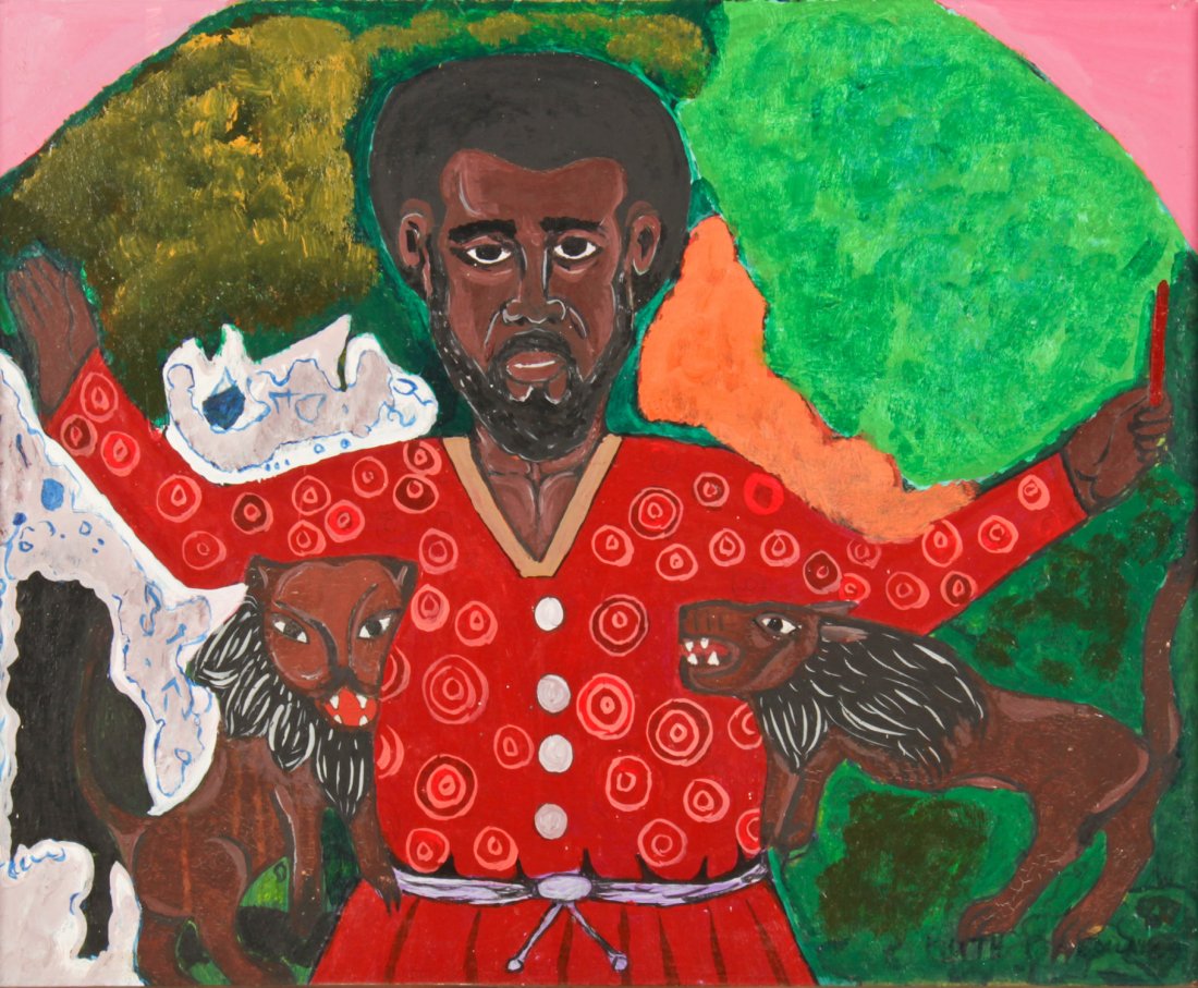Ruth Brown (Jamaican, 20th c.)z: Ruth Brown (Jamaican, 20th c.)Friend of the Lions, dated 2003Oil on masonite, framed, 18" x 23"Ruth is the daughter of Brother Everald BrownJonathan Demme Collection
