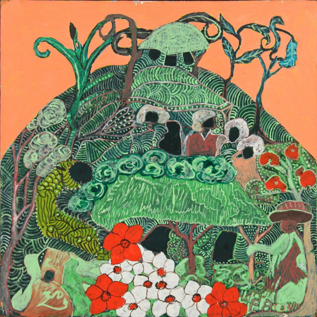 Brother Everald Brown (Jamaican, 1917-2003)z: Brother Everald Brown (Jamaican, 1917-2003)Untitled (Life in Mountains)Oil on masonite, framed, 16" x 16"Jonathan Demme Collection