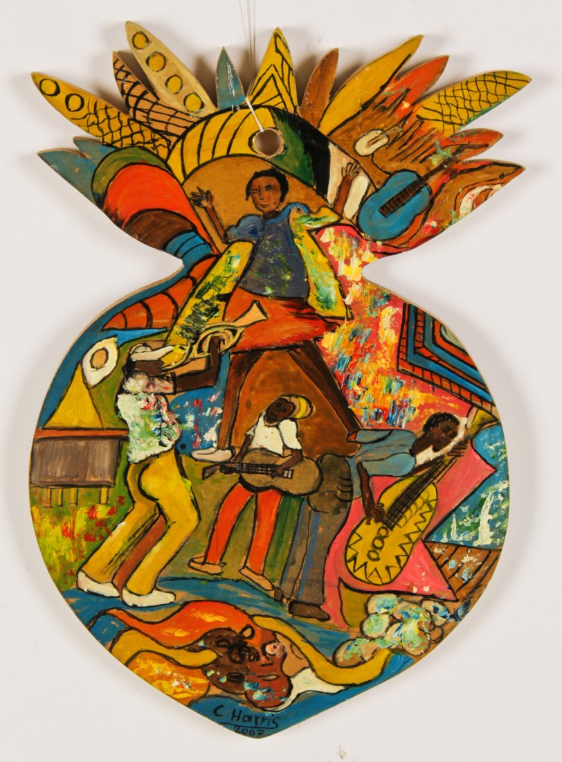 Chris Harris (Jamaican, 20th c.): Chris Harris (Jamaican, 20th c.) Musical Therapy, dated 2007 Mixed media on wood, 15" x 10" Jonathan Demme Collection