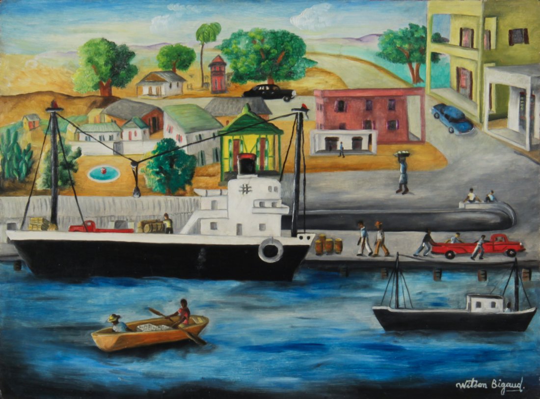 Wilson Bigaud (Haitian/Port-au-Prince, 1931-2010): Wilson Bigaud (Haitian/Port-au-Prince, 1931-2010) Harbor, c. 1965 Oil on masonsite, framed, 18" x 24" Provenance Evelyn and Leon Chalom Conserved by Leon Sevilla, 1995 Jonathan Demme Collection