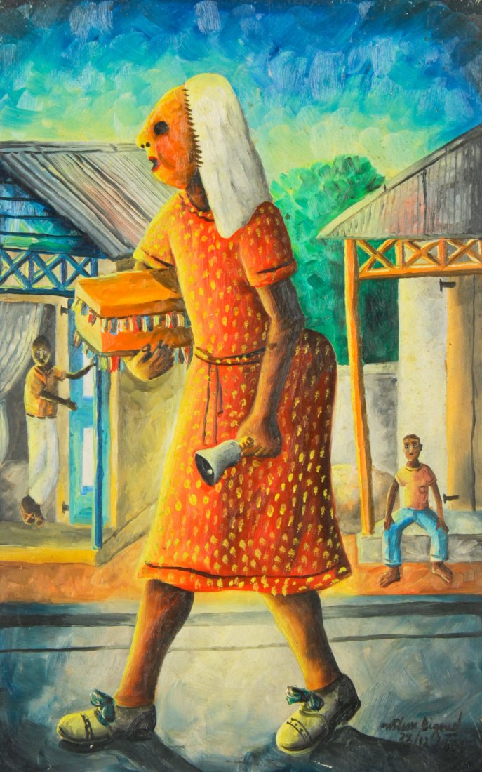 Wilson Bigaud (Haitian/Port-au-Prince, 1931-2010): Wilson Bigaud (Haitian/Port-au-Prince, 1931-2010) Carnival Woman, dated 1960 Oil on masonite, framed, 15.75" x 9.75" Provenance Galen Goodpaster via Arte del Pueblo, NY Jonathan Demme Collection