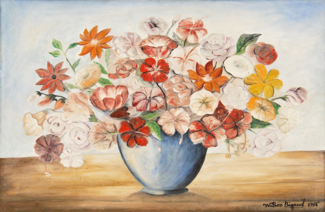 Wilson Bigaud (Haitian/Port-au-Prince, 1931-2010): Wilson Bigaud (Haitian/Port-au-Prince, 1931-2010) Still Life in Blue Vase, dated 1966 Oil on masonite, framed, 16" x 24" Jonathan Demme Collection