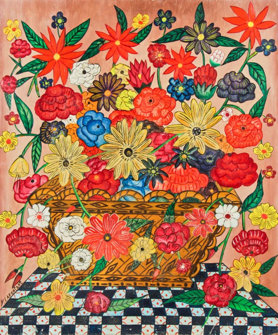 Yves Lafontant (Haitian/Port-au-Prince, b. 1939): Yves Lafontant (Haitian/Port-au-Prince, b. 1939) Flowers in Basket, c. 1980's Oil on masonite, framed, 24" x 20" Jonathan Demme Collection