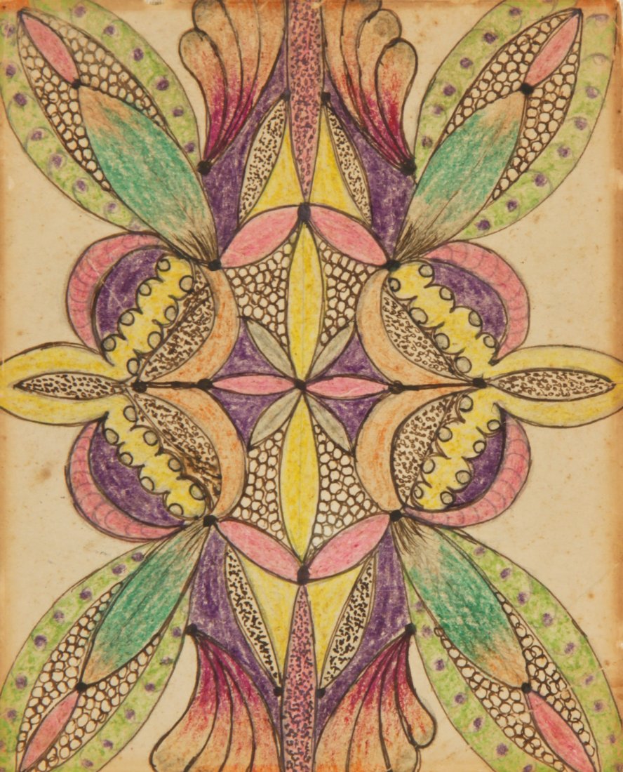 Minnie Evans (American/North Carolina, 1892-1987): Minnie Evans (American/North Carolina, 1892-1987) Untitled (Flowers), c. prior to 1950 Colored pencil, ink, graphite on paper, framed, 10" x 8" Provenance Anton Haardt Gallery (LA) via Arte del Pueblo