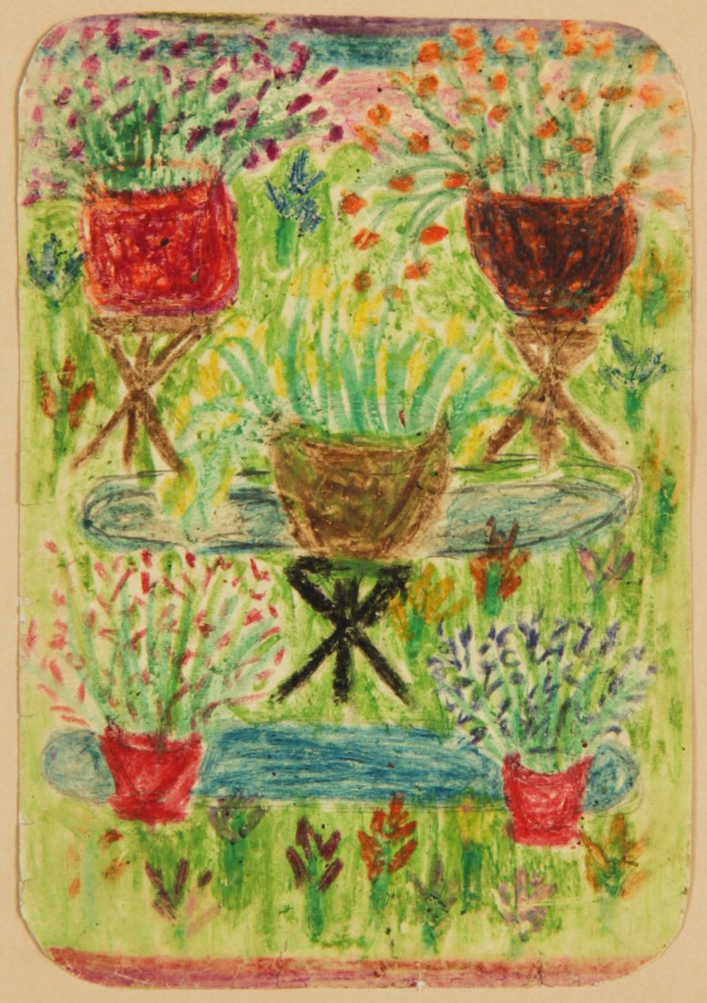 Minnie Evans (American/North Carolina, 1892-1987): Minnie Evans (American/North Carolina, 1892-1987) Untitled (Still Life, no. 3), c. prior to 1970 Colored pencil, ink on paper, framed, 7" x 4.75" Jonathan Demme Collection