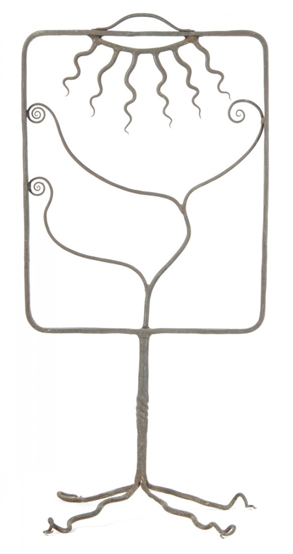 Studio Made Wrought Iron Screen: Studio made wrought iron screen. Abstract tree-form and sun ray design. Possibly from the Kenneth Lynch Collection. Size: 34" x 16" x 10" (85 x 40 x 25 cm). Kristina Barbara Johnson Estate, Princeton,