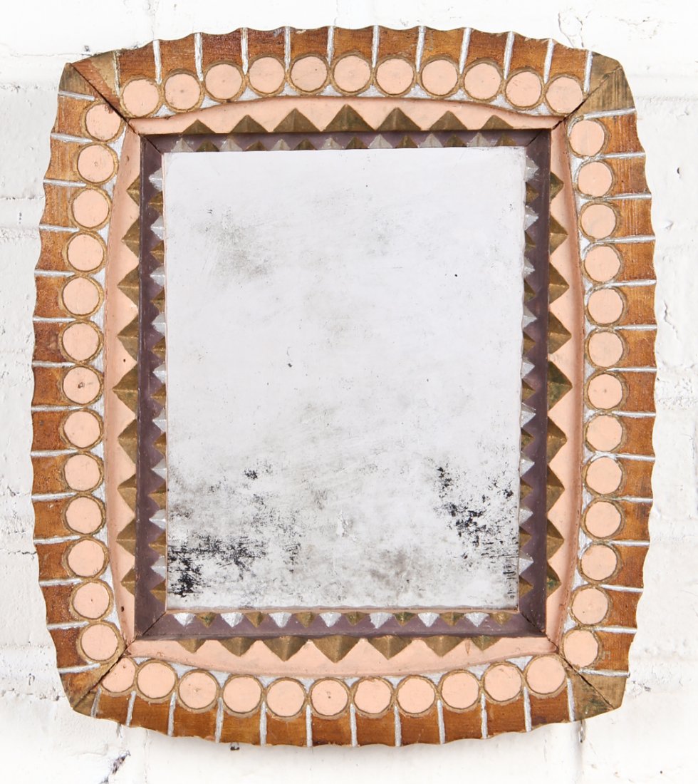 Tramp Art Framed Mirror: Tramp Art Framed Mirror. Size: 14.5" x 12.5" x 2" (37 x 32 x 5 cm). Kristina Barbara Johnson Estate, Princeton, New Jersey. A portion of auction proceeds to benefit the Arts Council of Princeton's Kri