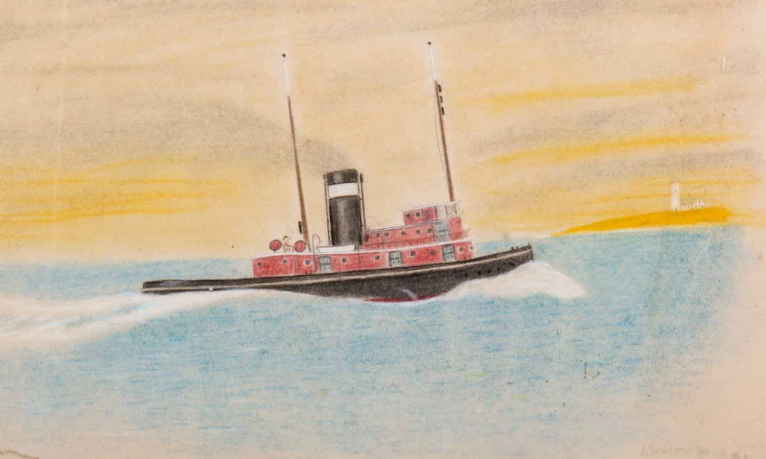 Two sided drawing, 1930: Two sided drawing (Sail Boat and House with Tree), 1930, colored pencil on paper,signed illegibly. Size: Front) 12" x 20", 30 x 51 cm; Back) 9.5" x 10", 24 x 25 cm (sight), 16" x 23", 41 x 58 cm (fram