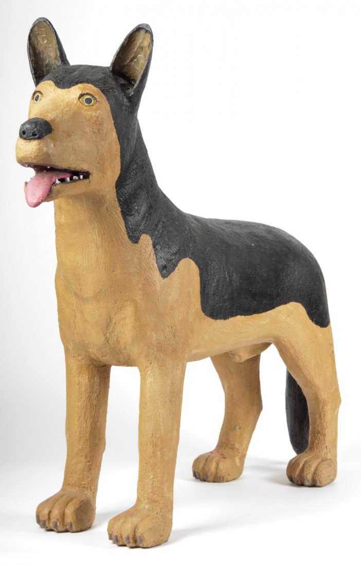 Saturnino Portuonda "Pucho" Odio (Cuban, 1928-1997): Saturnino Portuonda "Pucho" Odio (Cuban, 1928-1997), German Shepherd Dog, carved and painted wood. Size: 3" x 8" x 33" (8 x 20 x 83 cm). Kristina Barbara Johnson Estate, Princeton, New Jersey. A porti