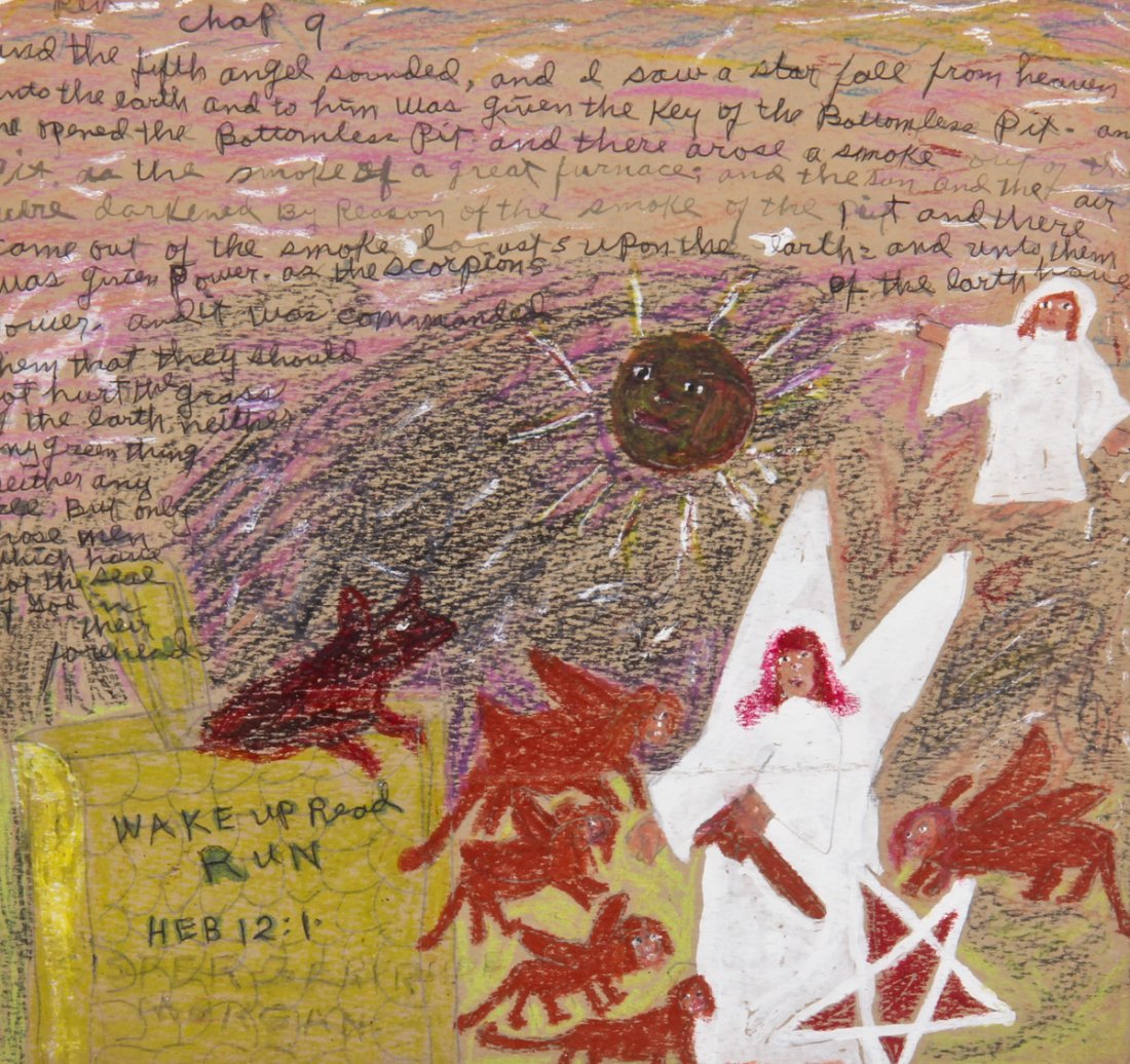 Sister Gertrude Morgan (American, 1900-1980): Sister Gertrude Morgan (American, 1900-1980), "Wake Up Read Run", mixed-media on paper. Size: 13" x 13.5", 33 x 34 cm (board), 21" x 21", 53 x 46 cm (frame). Kristina Barbara Johnson Estate, Princeton