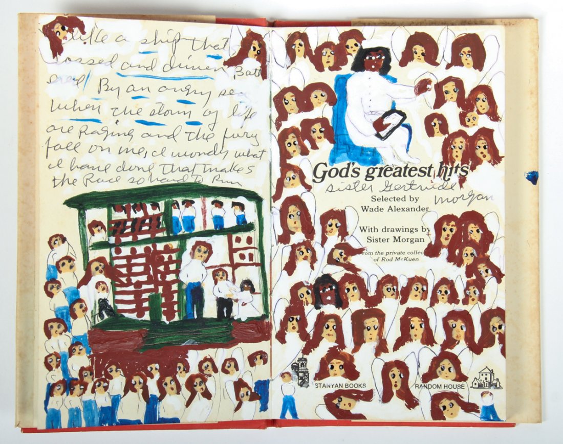Sister Gertrude Morgan (American, 1900-1980): Sister Gertrude Morgan (American, 1900-1980) Original Mixed Media Work Inside The Book "God's Greatest Hits". Size: 7.5" x 4.5" (19 x 11 cm). Kristina Barbara Johnson Estate, Princeton, New Jersey. A 