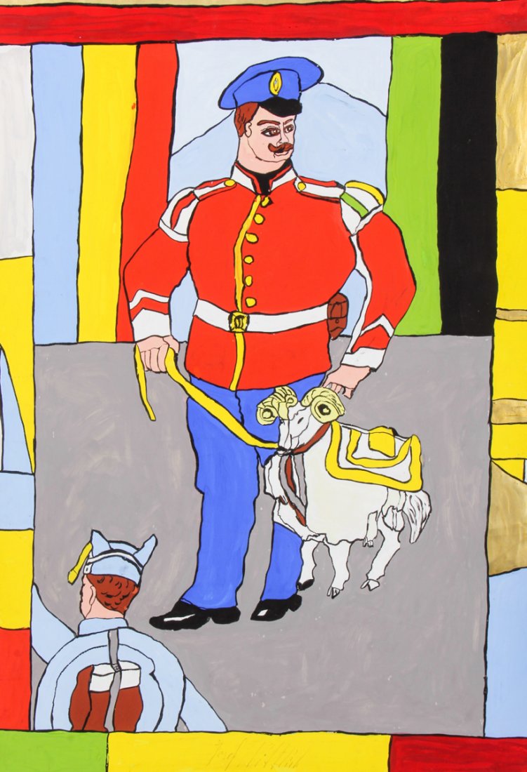 Josef Wittlich (German, 1903-1982): Josef Wittlich (German, 1903-1982), Officer with Goat, paint on paper, signature at bottom center. Size: 35" x 24.5", 89 x 62 cm (sheet), 38" x 28", 97 x 71 cm (frame). Kristina Barbara Johnson Estate