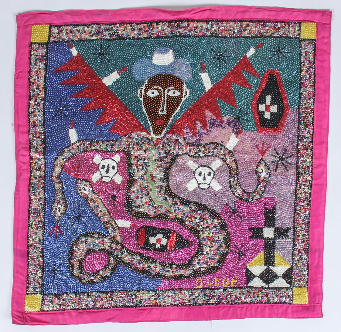 Joseph Oldof Pierre (Haitian/Port-au-Prince, 1955-1994): Joseph Oldof Pierre (Haitian/Port-au-Prince, 1955-1994), Haitian Drapeau/Vodou Banner, Sequins and beads on fabric. Size: 34" x 34", 86 x 86 cm (image), 37" x 37", 94 x 94 cm (overall). Kristina Barba