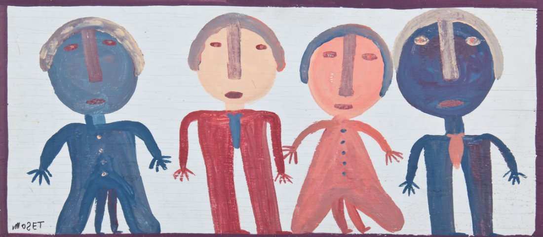 Mose Tolliver (American/Alabama 1925-2006): Mose Tolliver (American/Alabama 1925-2006), Four Figures (Family), paint on board. Size: 16" x 36" (40 x 90 cm). Kristina Barbara Johnson Estate, Princeton, New Jersey. A portion of auction proceeds t