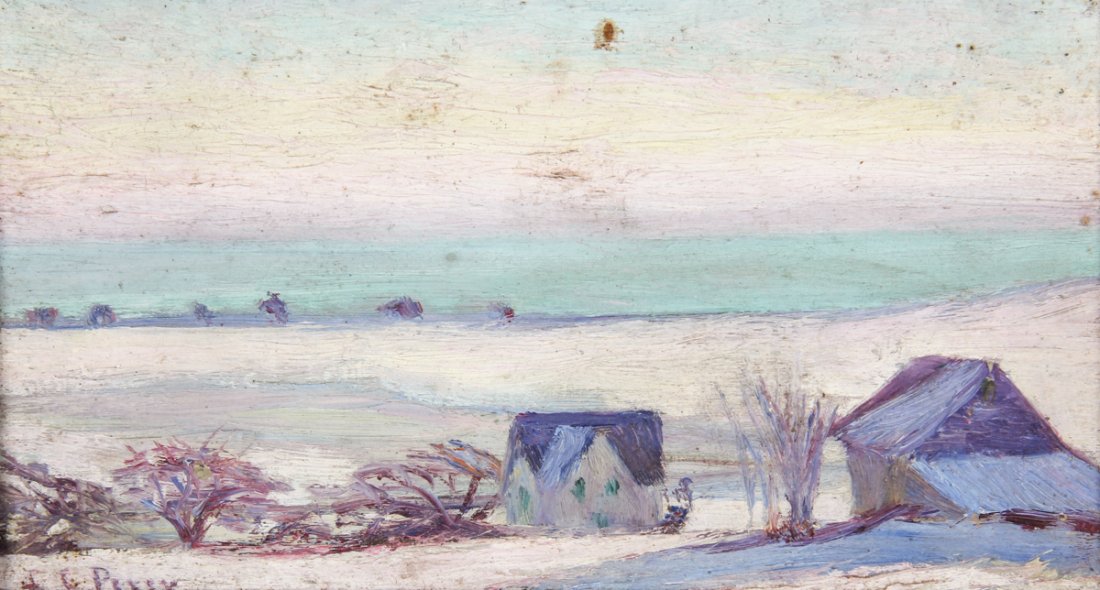 Lilla Cabot Perry Winter Landscape: Lilla Cabot Perry (American, 1848-1933) "Scituate Beach in Winter", oil on board. Size: 5" x 9", 13 x 23 cm (board), 7" x 11", 18 x 28 cm (frame). Provenance: Jason McCoy Inc., NY (label on verso). Co
