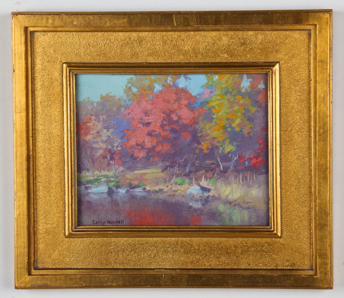 Carl John David Nordell Â (American, 1885-1957): Carl John David Nordell (American, 1885-1957), "Edge of the Pond", oil on board. Size: 7.5" x 9.5", 19 x 24 cm (sight), 14" x 16", 36 x 41 cm (frame). Kristina Barbara Johnson Estate, Princeton, New J