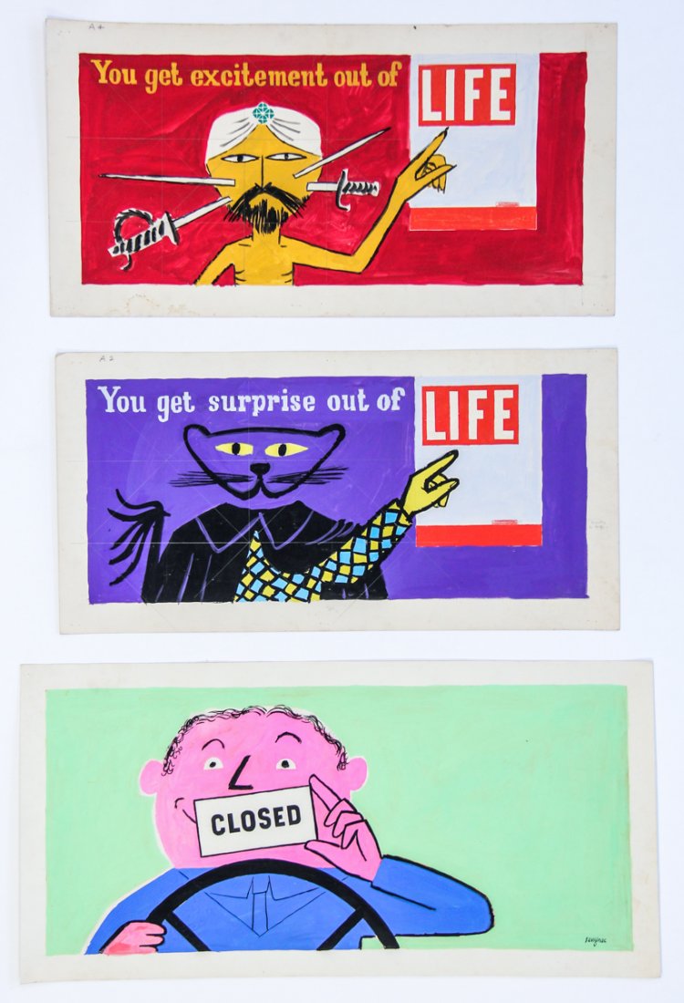 Raymond Savignac (French, 1907-2002) Originals: Raymond Savignac (French, 1907-2002) Group of 3 Original preparatory sketches, gouache on paper. Ranging in size from: 18" x 35" (46 x 89 cm) x 19" x 39" (48 x 99 cm). Kristina Barbara Johnson Estate,