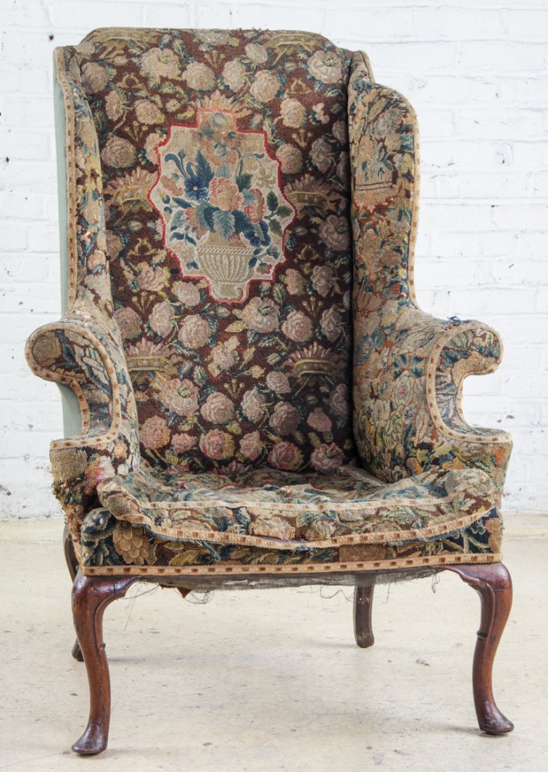 Antique Flemish Aubusson Wing Chair: Antique Flemish Wing Chair, upholstered in Aubusson tapestry. Size: 46" x 23" x 24" (117 x 58 x 61 cm). Kristina Barbara Johnson Estate, Princeton, New Jersey. A portion of auction proceeds to benefit