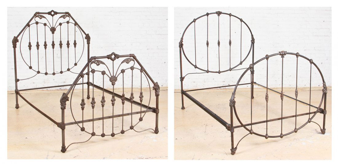 Complementary Pair of Cast Iron Beds: Complementary pair of cast iron beds. Size: 64" x 54" x 80" and 64" x 78.5" x 55" (160 x 135 x 200 cm). Kristina Barbara Johnson Estate, Princeton, New Jersey. A portion of auction proceeds to benefit