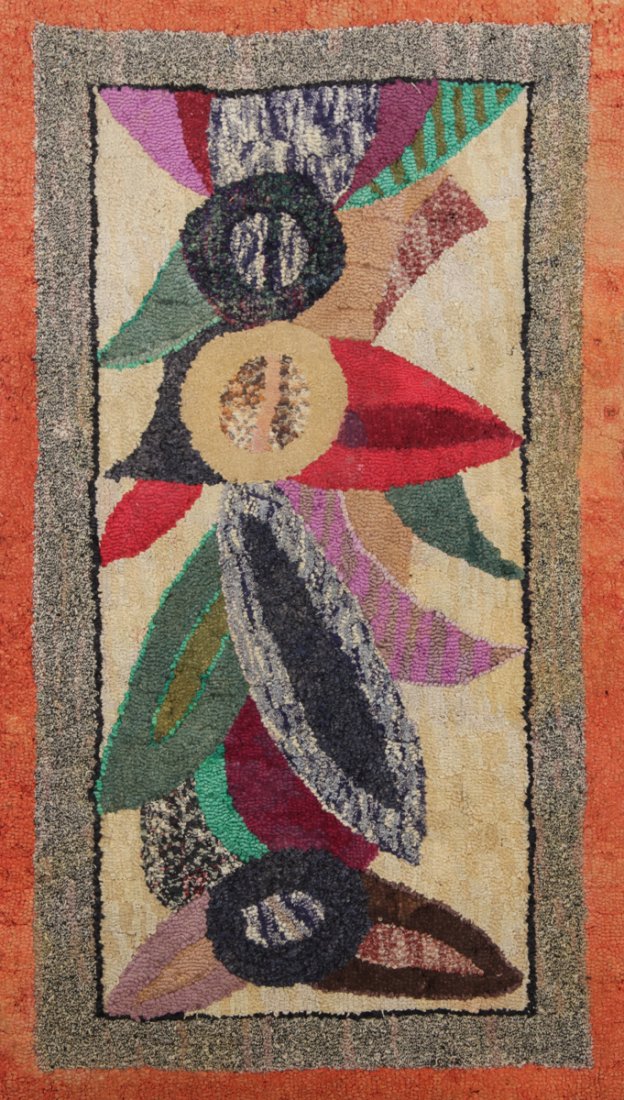 Antique American Hooked Rug: American Hooked Rug on stretcher, abstract floral pattern. Size: 30" x 51" (76 x 130 cm). Kristina Barbara Johnson Estate, Princeton, New Jersey. A portion of auction proceeds to benefit the Arts Coun