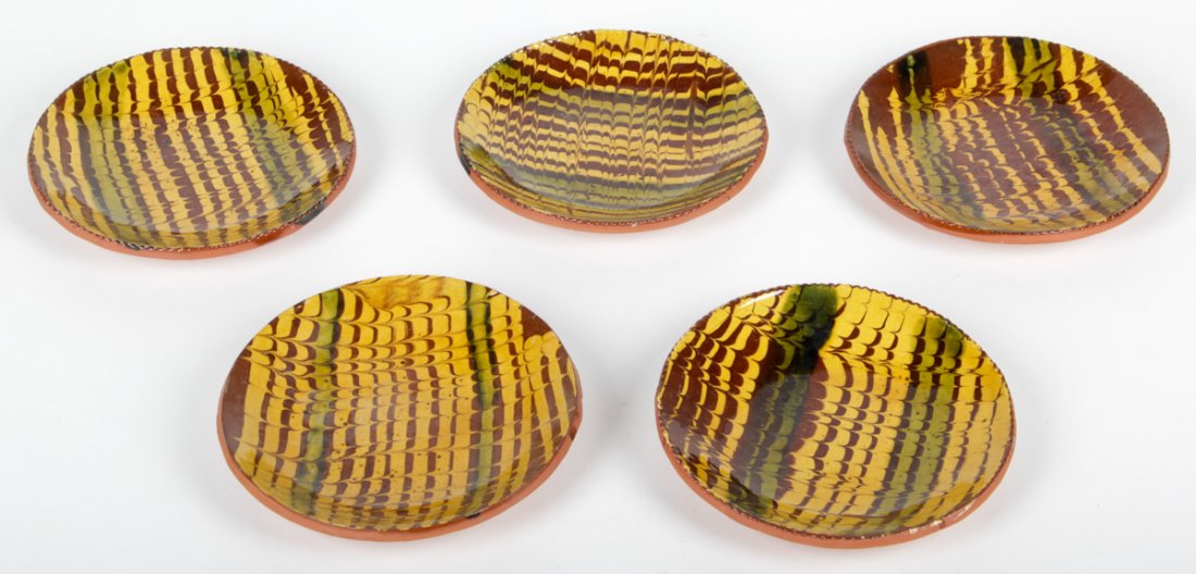 Group of 5 Lester Breininger Dishes: Group of 5 Lester Breininger (American, 20th c.) Glazed Redware Dishes, 1974. Size: 7" x 7" x 1" (18 x 18 x 3 cm). Kristina Barbara Johnson Estate, Princeton, New Jersey. A portion of auction proceeds