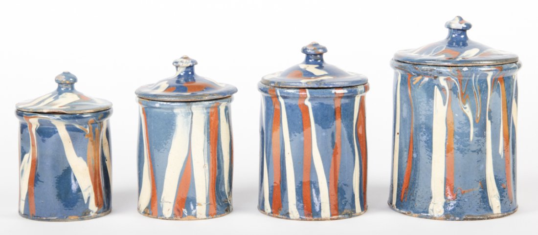 French Jaspe Pottery: French Jaspe Pottery, late 19th to early 20th c., drip glaze. Sizes: 5" x 4" x 4" (13 x 10 x 10 cm), to 7" x 6" x 6" (18 x 15 x 15 cm). Kristina Barbara Johnson Estate, Princeton, New Jersey. A portio