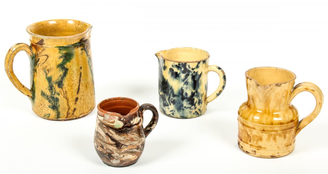 French Jaspe Pottery: French Jaspe Pottery, late 19th to early 20th c., drip glaze. Sizes: 3.25" x 3.5" x 2.75" (8 x 9 x 7 cm), to 5.5" x 5.5" x 3.75" (14 x 14 x 10 cm). Kristina Barbara Johnson Estate, Princeton, New Jers