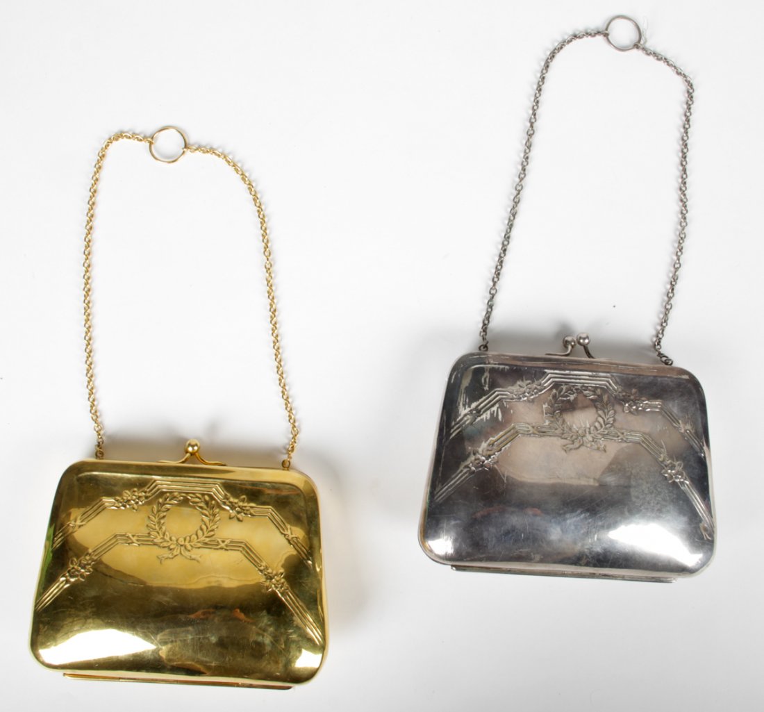 2 Mr John Emperor of Style Metal Case Handbags: 2 Mr John metal case handbags. Size: 6" x 7" x 2" (15 x 18 x 5 cm). Kristina Barbara Johnson Estate, Princeton, New Jersey. A portion of auction proceeds to benefit the Arts Council of Princeton's Kri