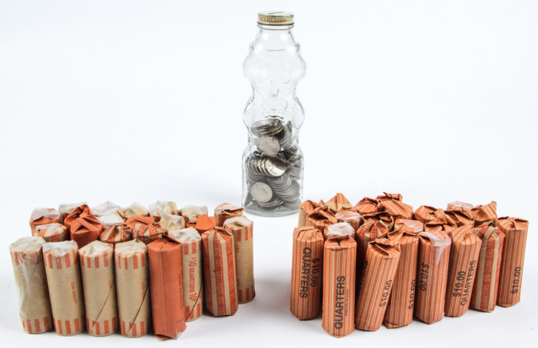 Estate Lot of U.S. Currency Quarters: Estate lot of U.S. currency quarters in 47 paper rolls and a vintage soft drink bottle with 145 Bicentennials as found in the vault. Some sleeves marked "States" but unverified. Date ranges and condit