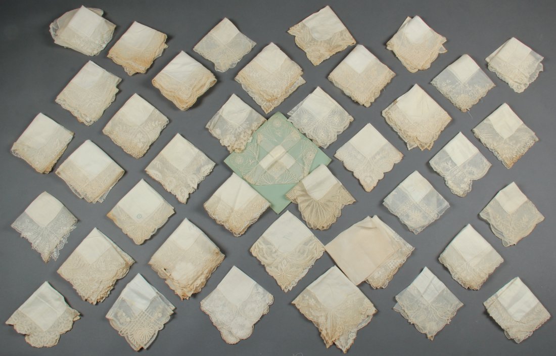 Collection of Antique Continental Linen: Collection of approximately 100 antique continental linen and lace handkerchiefs.