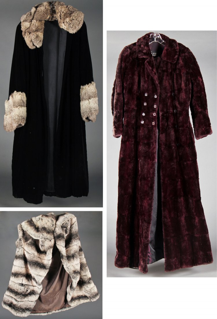 Vintage Ladies Coats: Collection of ladies vintage coats (size M) including Mr. John fur coat, black velvet coat with fur collar and sleeves and George Kaplan fur coat.