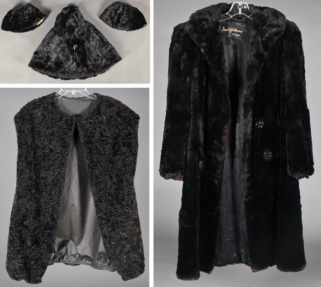 Ladies Fur Lot: Lot containing full length ladies black fur coat, black fur stole, black fur vest and 2 fur hats