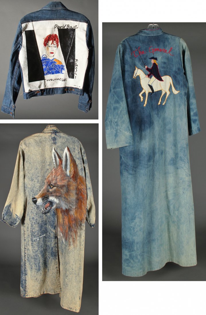 Collection of Vintage denim coats: Collection of vintage denim coats (sizes M-L) including jacket with painted image of David Bowie, Jack White long coat with painted fox image, robe with Revolutionary War imagery.