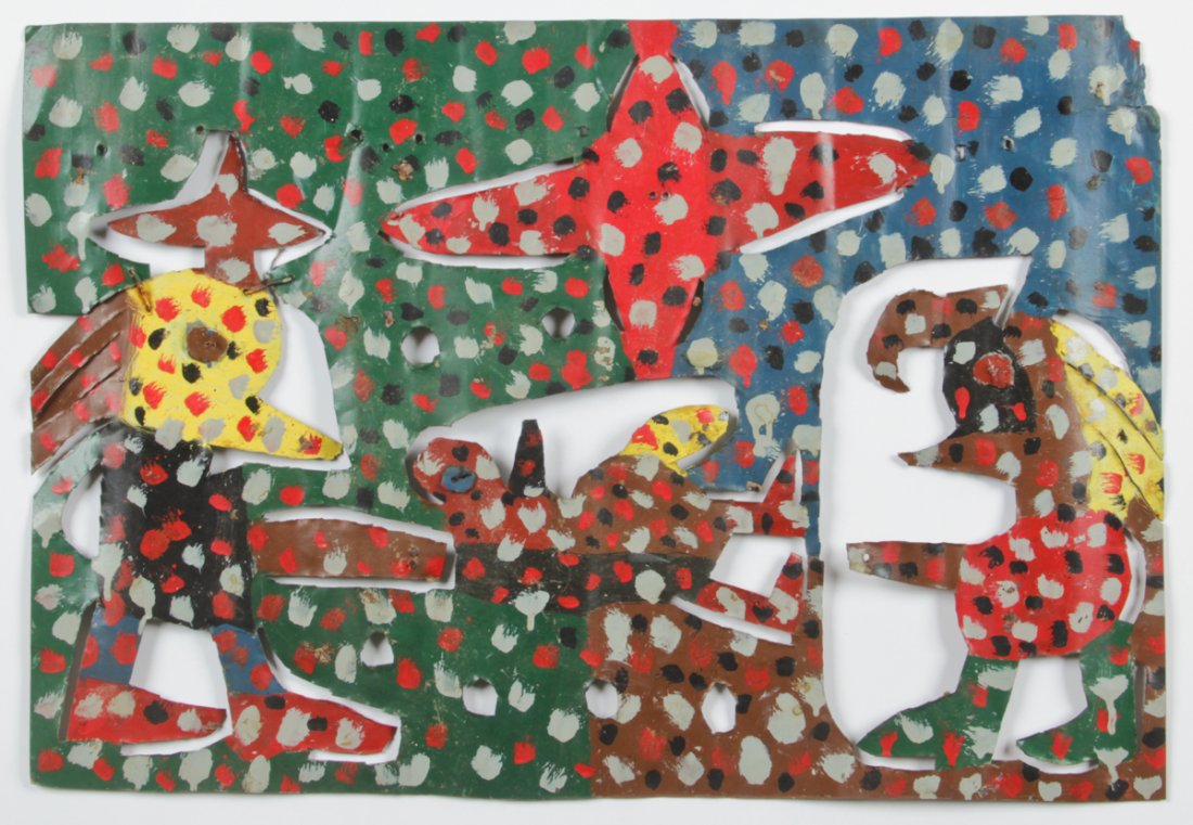 David Butler (American, 1898-1997): David Butler (American, 1898-1997) Untitled, enamel painting on cut tin, unsigned. Size: 19" x 28" (48 x 71 cm).