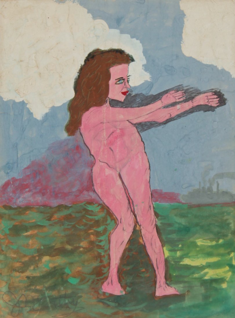 Justin McCarthy (American, 1891-1977): Justin McCarthy (American, 1891-1977) Nude Woman in Landscape, mixed media, ink graphite and paint on paper. Size: 11.5" x 8.5", 29 x 22 cm (sight), 16.25" x 12.25", 41 x 31 cm (frame).