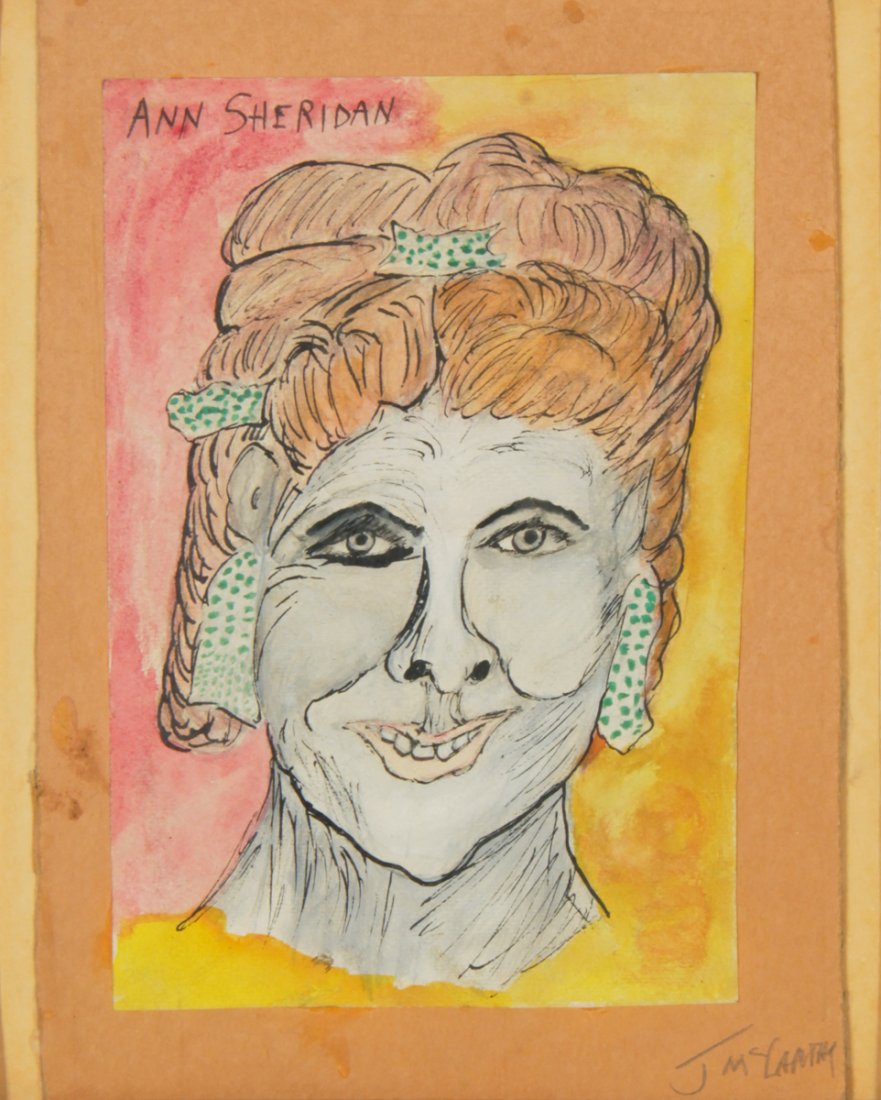 Justin McCarthy (American, 1891-1977): Justin McCarthy (American, 1891-1977) Ann Sheridan, ink and graphite drawing on paper. Size: 7.75" x 5.25", 20 x 13 cm (sheet), 14.5" x 11.5", 37 x 29 cm (frame).