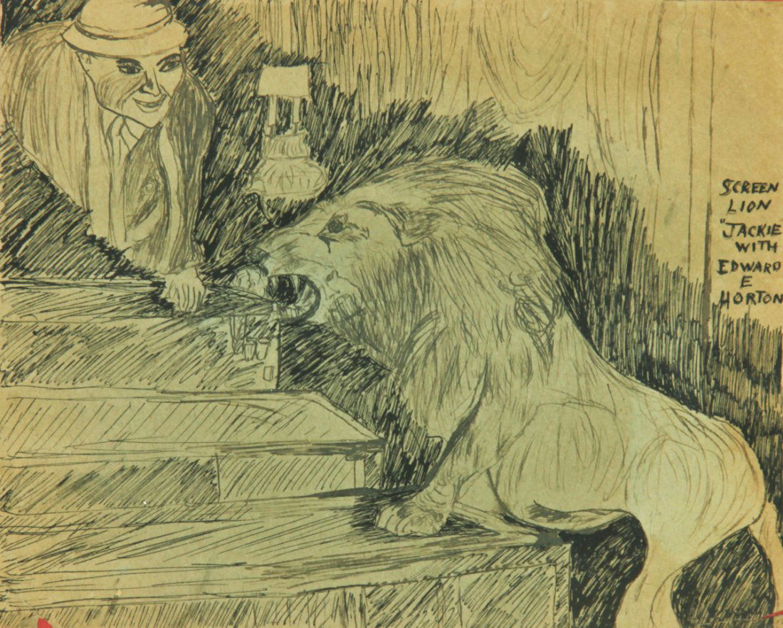 Justin McCarthy (American, 1891-1977): Justin McCarthy (American, 1891-1977) Screen Lion Jackie with Edward E. Horton, ink drawing on paper. Size: 8.75" x 10.75", 22 x 27 cm (sheet), 12.25" x 15", 31 x 38 cm (frame).