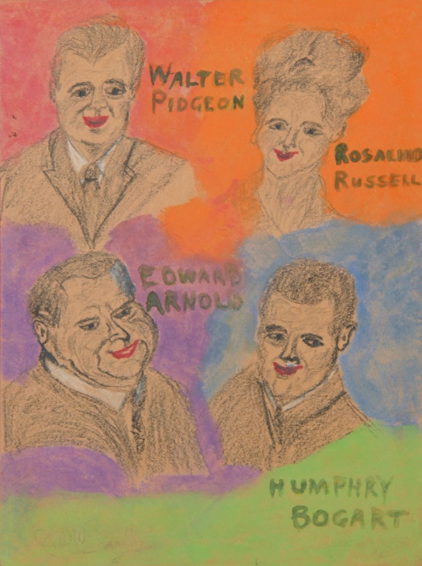 Justin McCarthy (American, 1891-1977): Justin McCarthy (American, 1891-1977) Four Actors: Walter Pidgeon, Edward Arnold, Rosalind Russell, Humphry Bogart, mixed media drawing on paper. Size: 9" x 12", 22 x 30 cm (sheet), 14.25" x 11.25", 3